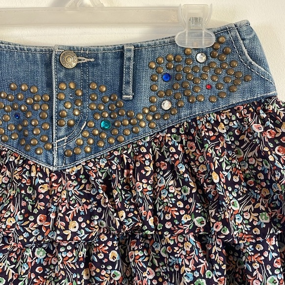 Y2K Western Ruffle Mini Skirt 6 Jean Floral Jewel Stud Express Denim 00s Baby - Picture 7 of 16